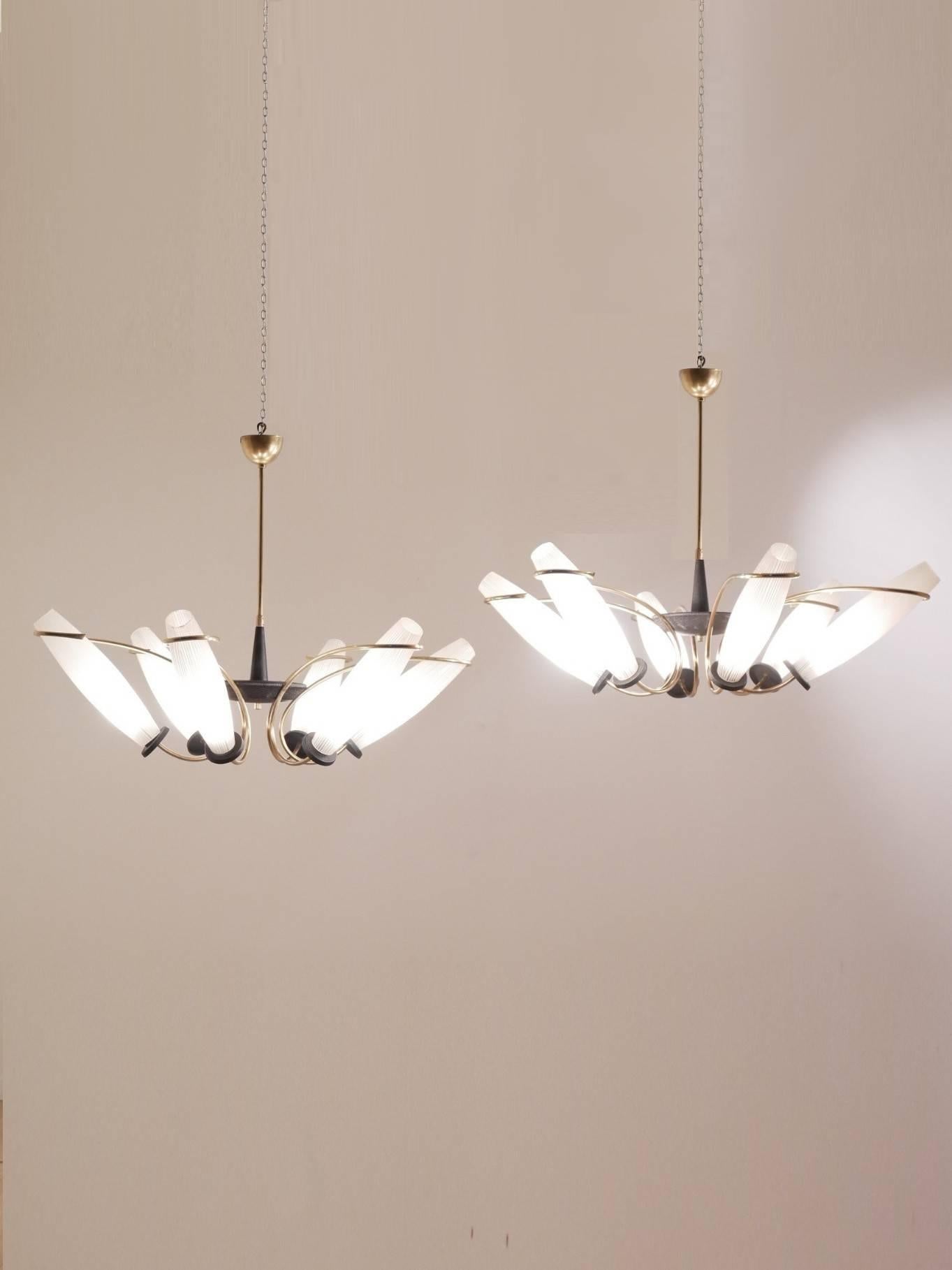 Set of two midcentury chandeliers, originating from Italy, S-shaped brass structures holding etched glass diffusers and mounted on painted metal parts.
One has a black metal parts paint, the other a dark grey one.