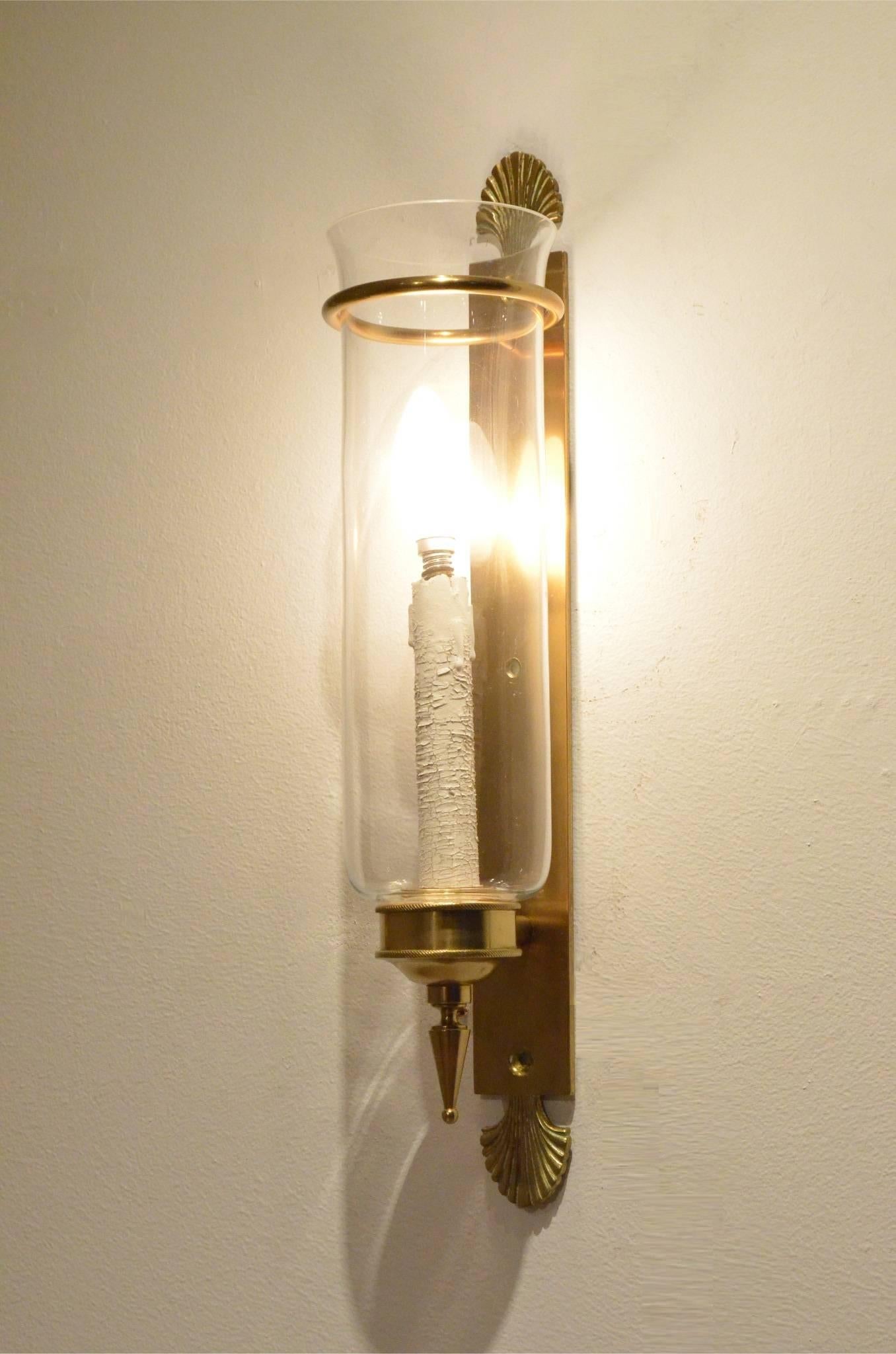 Pair of French, 1940 Neoclassic Style Leaf Finish Full Brass Glass Wall Sconces For Sale 4