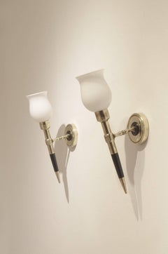 Pair of French Neoclassic Wood and Brass Wall Sconces Lamps by Maison Arlus