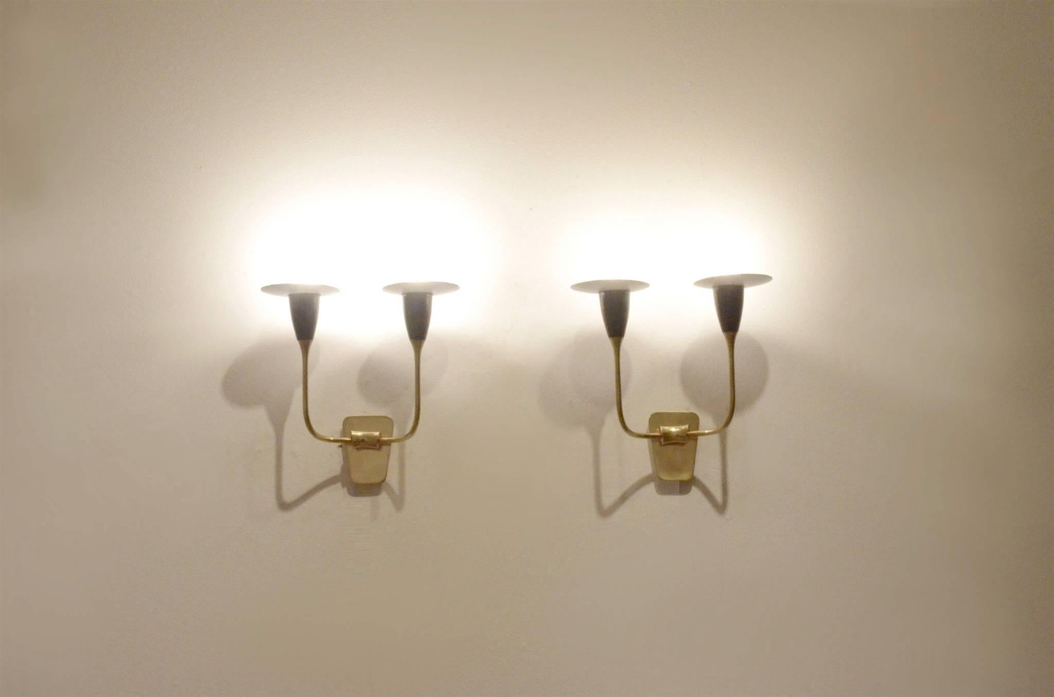 Midcentury French Design Pair of Minimalist Perforated Metal Wall Sconces For Sale 3