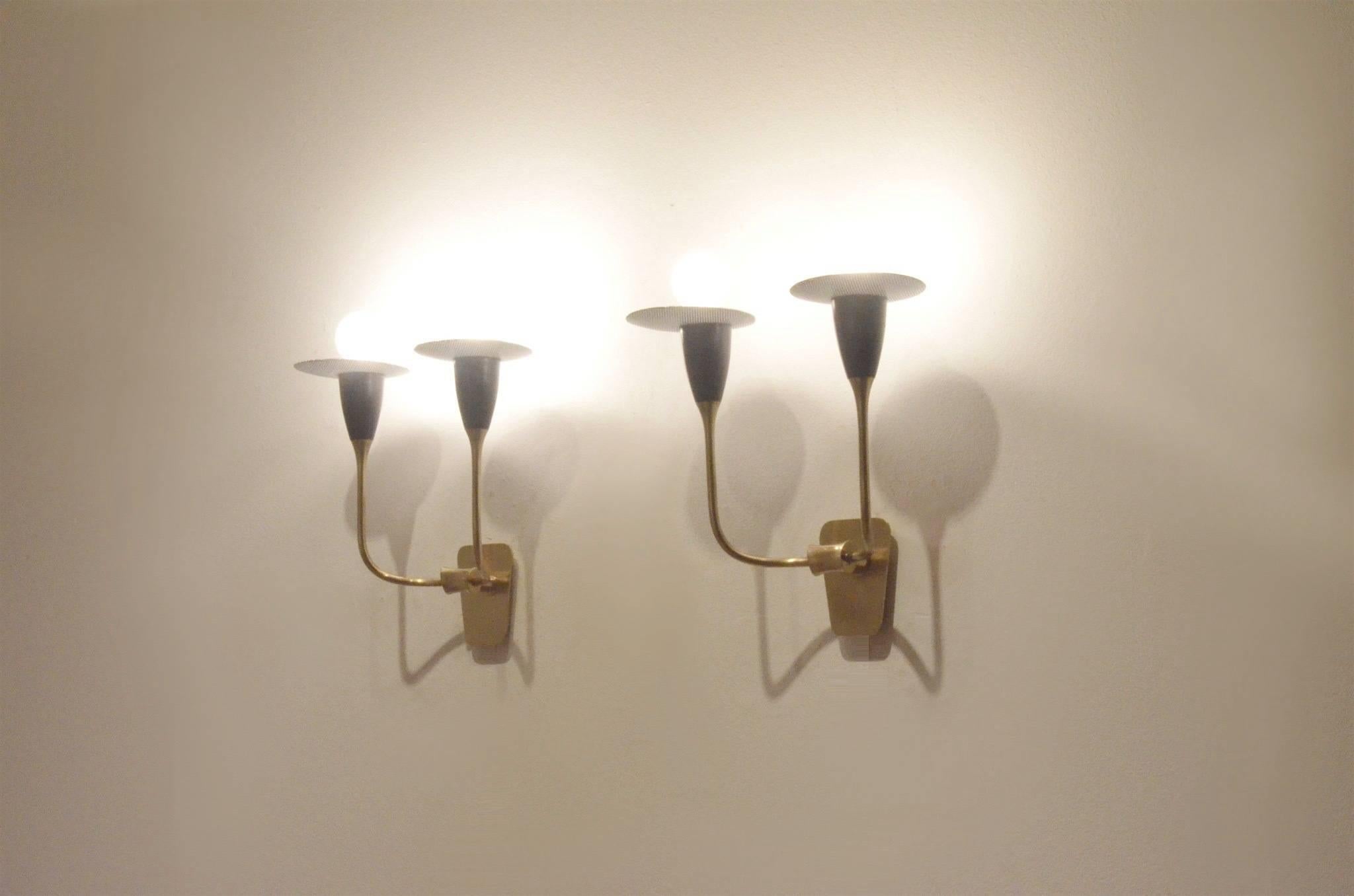 Midcentury French Design Pair of Minimalist Perforated Metal Wall Sconces For Sale 5