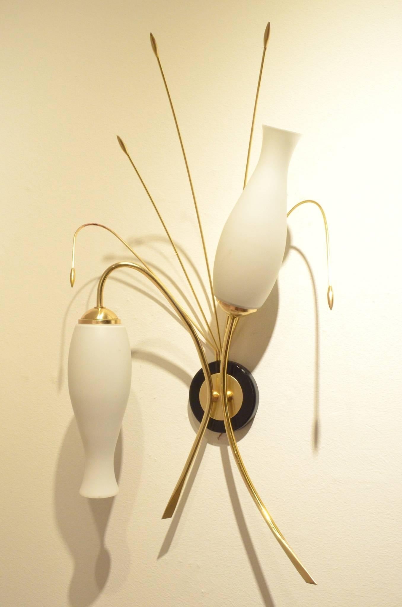 Mid-20th Century Pair of French Midcentury Design Sconces with Organic Brass and Glass For Sale