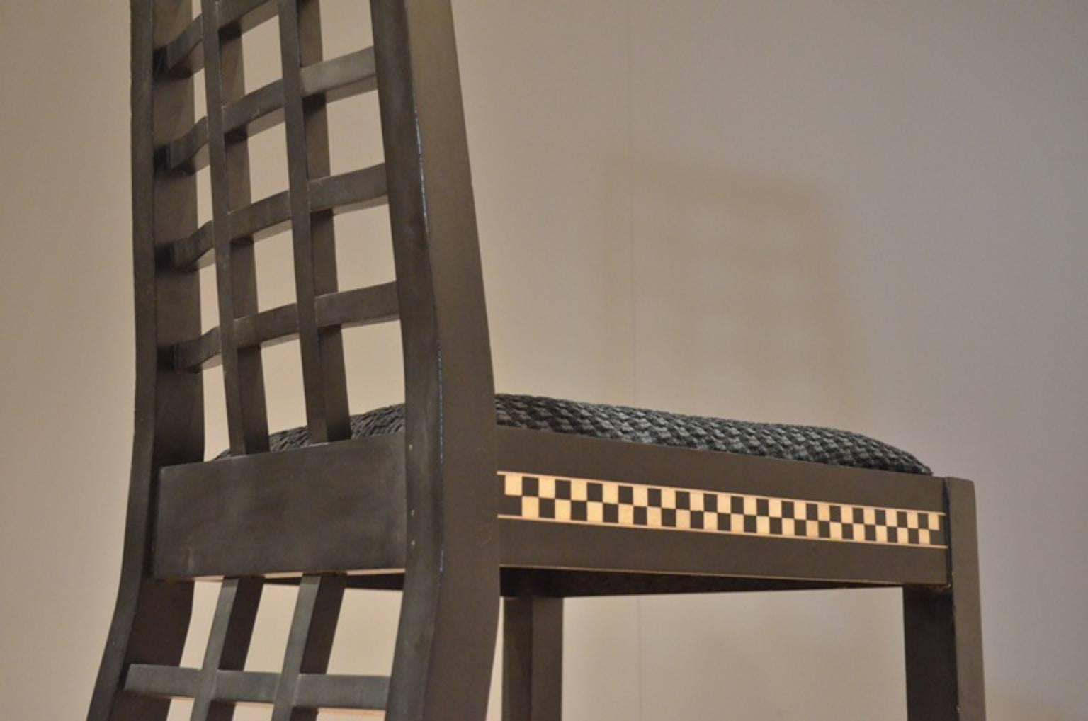 Rare set of 4 Charles Rennie Mackintosh style dining chairs. According to period specialist, they are clearly English crafted - by or in the style of Mackintosh. They date from the 1930s. The structure is black painted ebonized wood with amazing