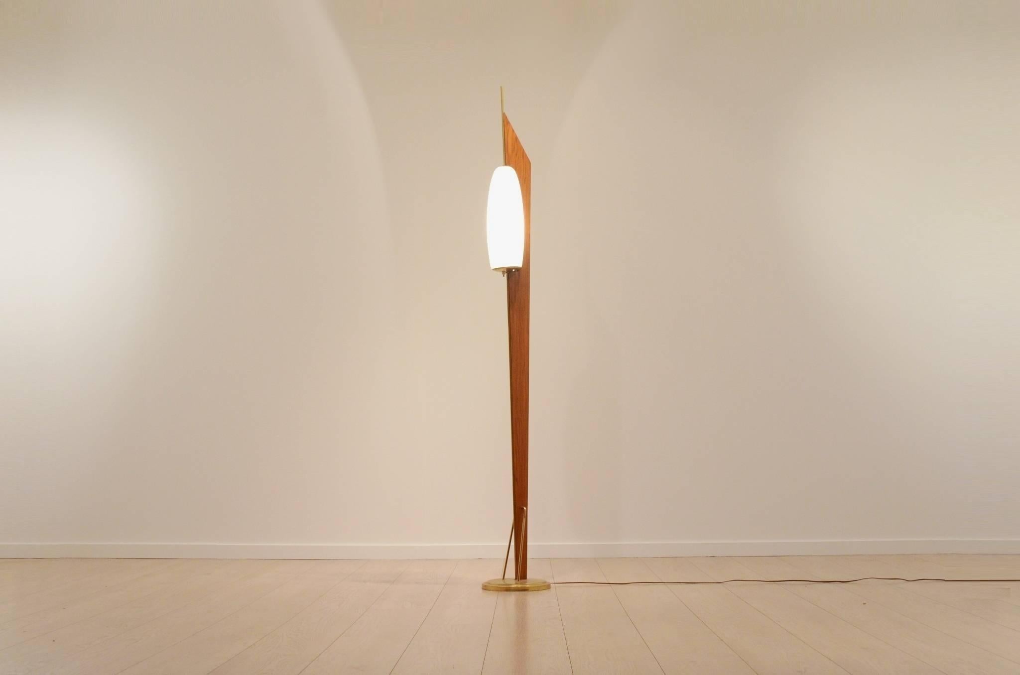 Floor lamp with a cocoon shaped opalescent glass lamp shade supported by brass rods.  

They are connected to a wooden blade that forms the structure of the lamp, and the brass base. 

The lamp switch is discreetly placed at the bottom of the