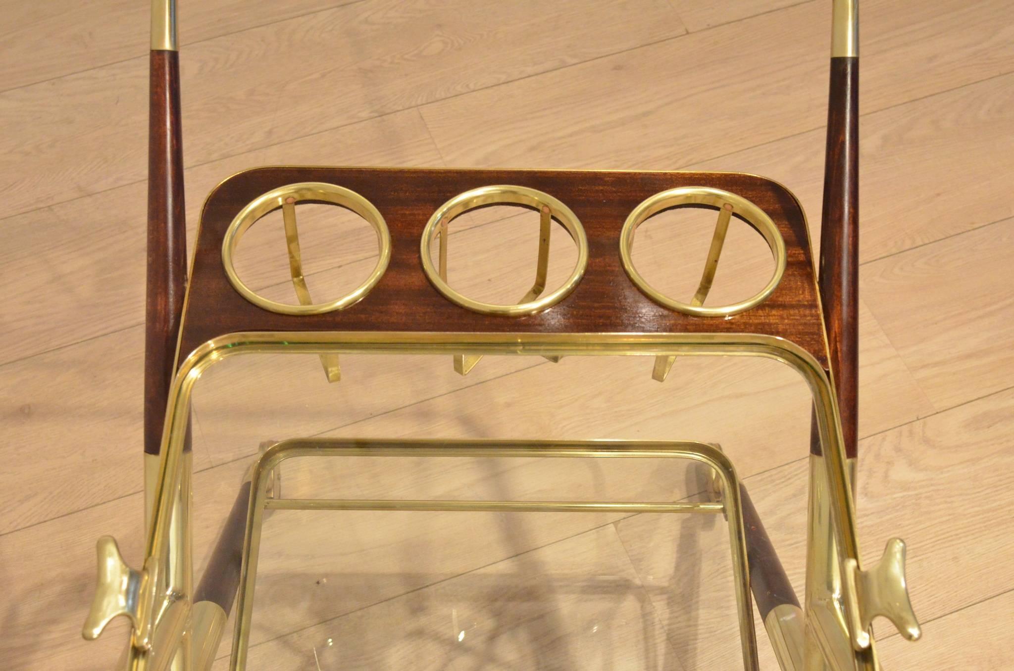 1950s Cesare Lacca Mahogany, Brass & Glass Serving Trolley for Cassina 2