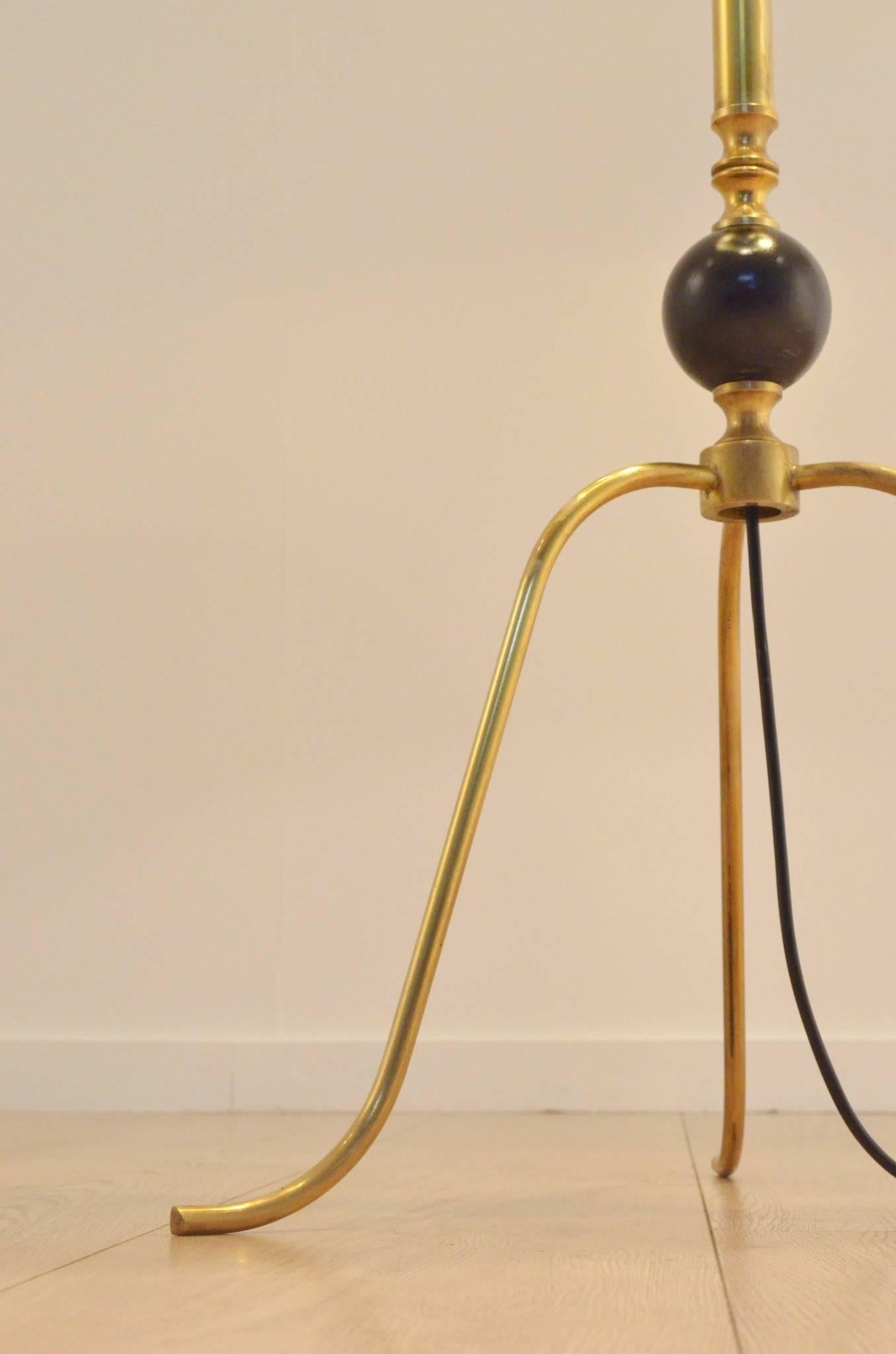 Hand-Crafted Mid-Century Brass and Lacquered Wood Tripod Floor Lamp