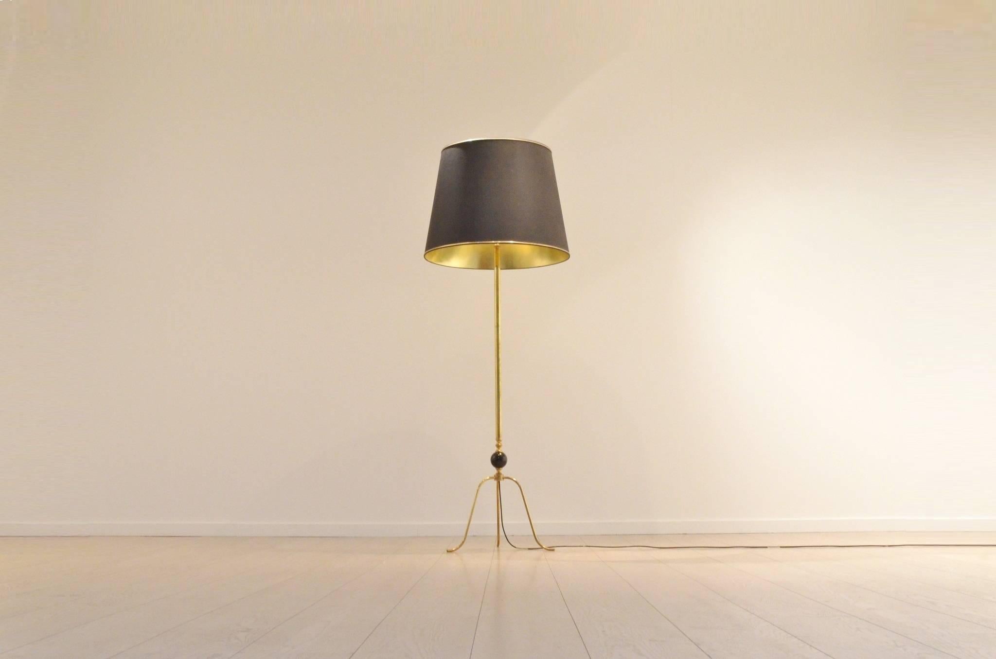 Mid-Century Brass and Lacquered Wood Tripod Floor Lamp 1