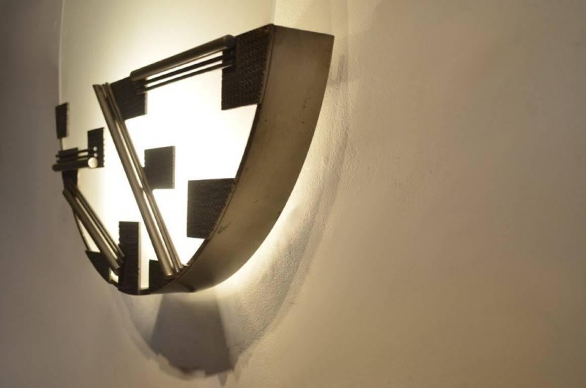 Round Bauhaus Etched Opaline Glass and Metal Geometrical Design Wall Sconce For Sale at 1stdibs
