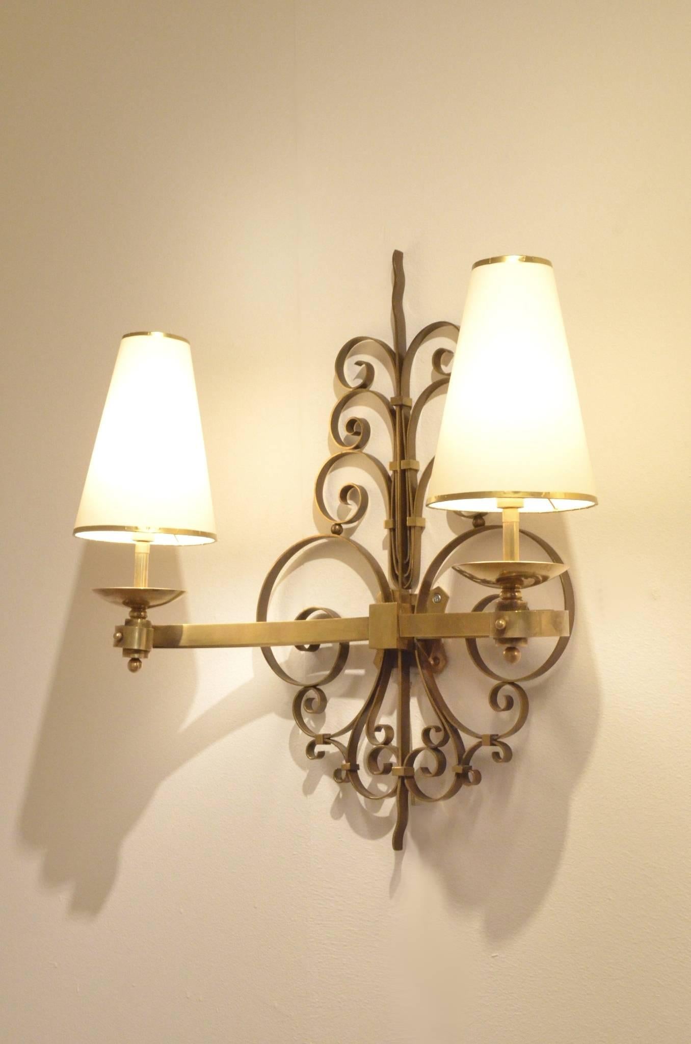 Three Art Deco René Drouet Style Sculptural Full Brass Wall Sconces Lamps, Set For Sale 2