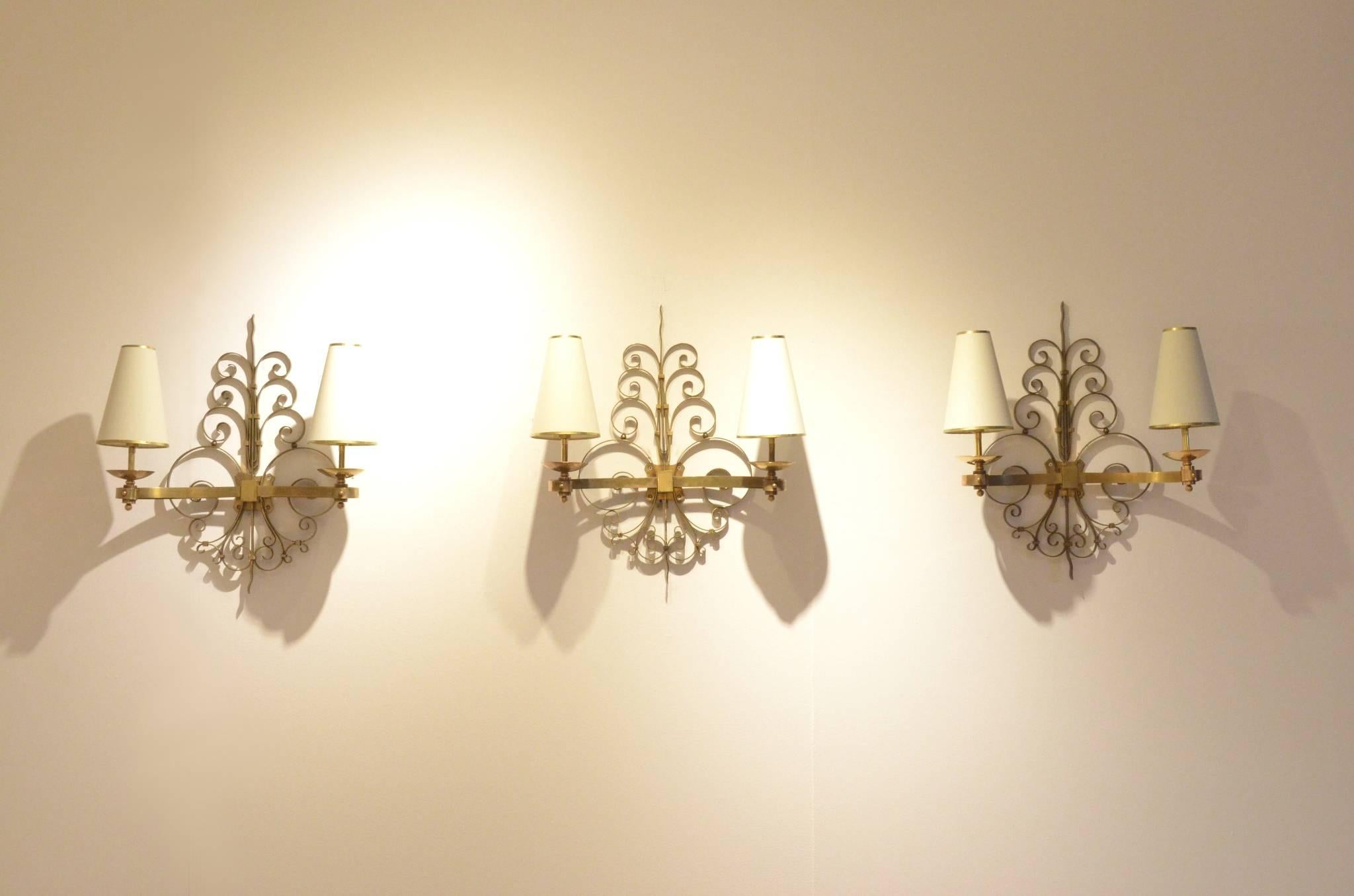 Three Art Deco René Drouet Style Sculptural Full Brass Wall Sconces Lamps, Set For Sale 3