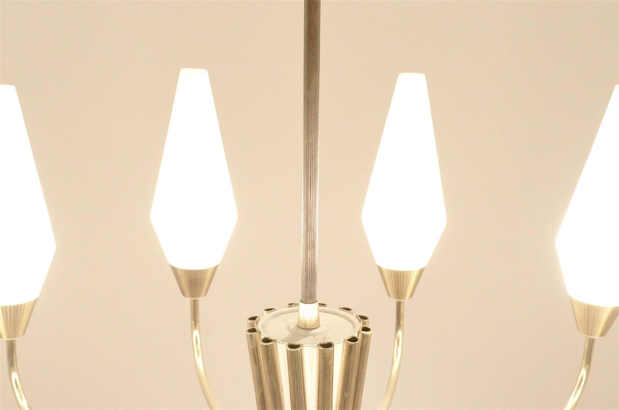 Mid-Century Modern Mid-Century Italian Design, Stilnovo 12x Glass Flutes and Brass Chandelier Lamp