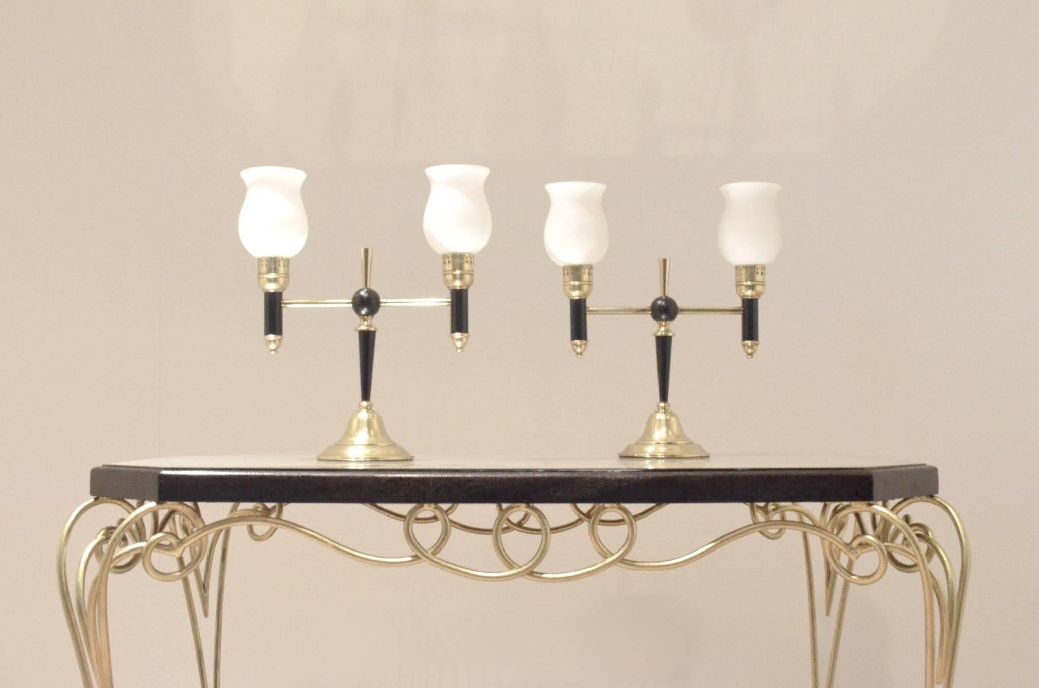 Neoclassical Two Mid-Century French Maison Arlus Brass & Glass T-Shaped Bedside Table Lamps