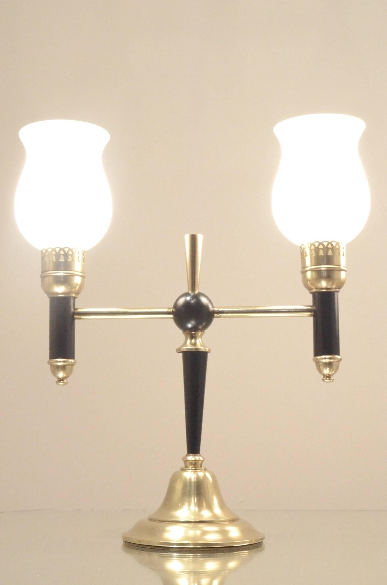 Two Mid-Century French Maison Arlus Brass & Glass T-Shaped Bedside Table Lamps 2