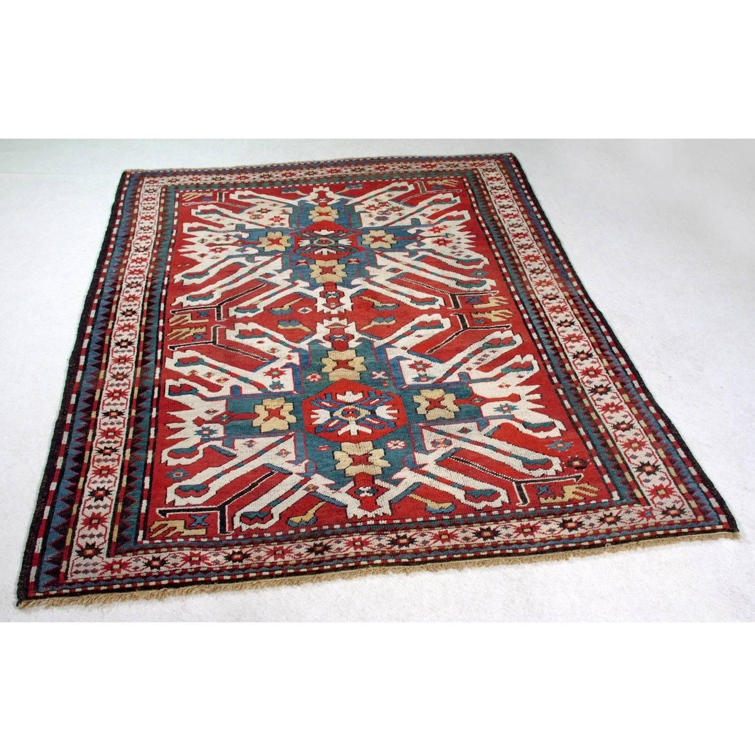 Caucasian Late 19th Century Eagle Kazak Chelaberd Wool Carpet For Sale