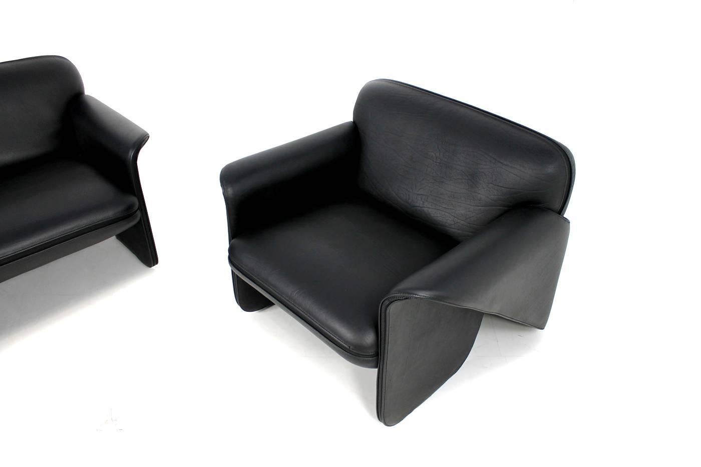 Leather Exclusive De Sede Ds 125 Sofa & Lounge Chair Set by Gerd Lange 1978 Black