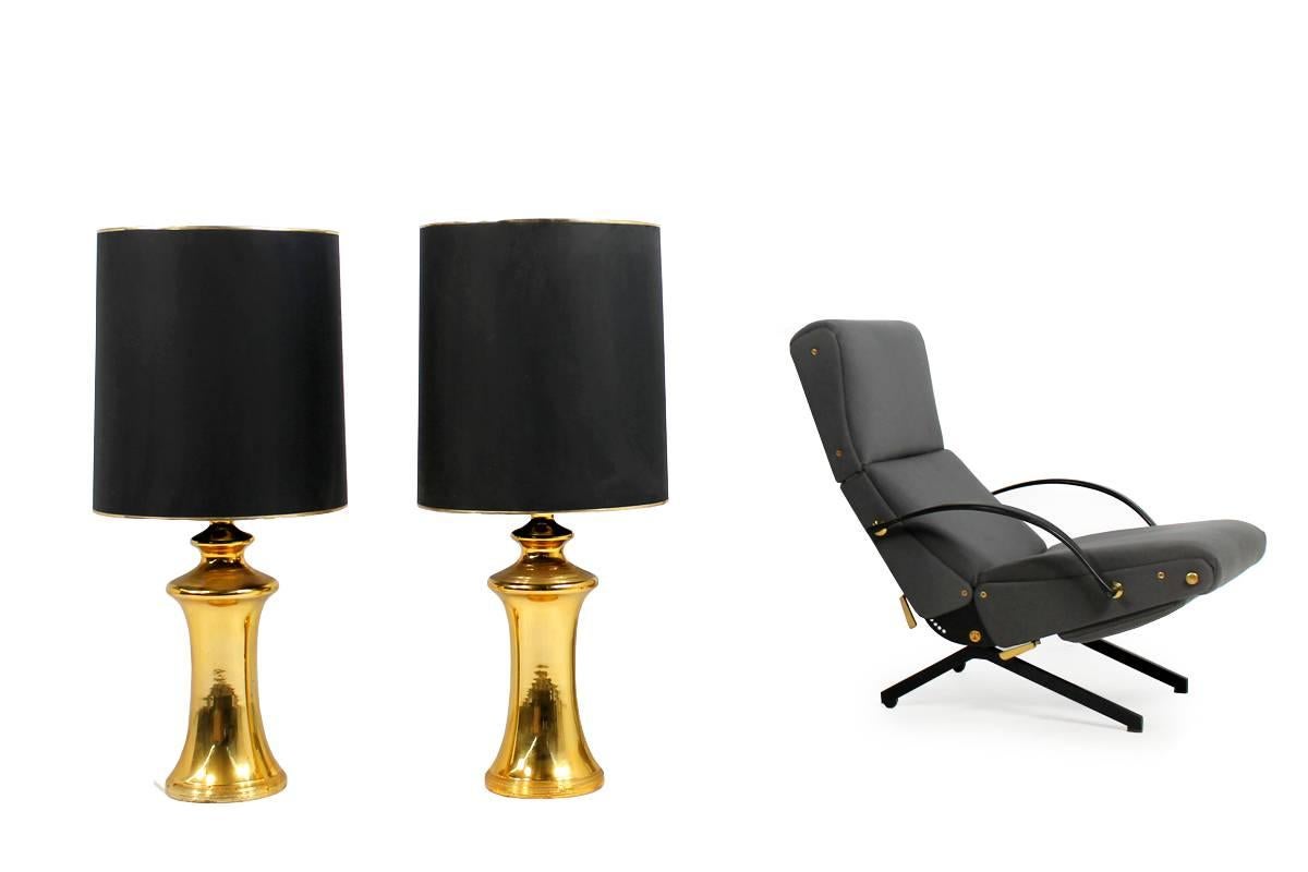 Amazing and large Mid-Century Modern lamps from the 1960s, they can be used as floor lamps or table lamps. Large gold glazed base with large black lampshades, each one for one E27 bulb up to 60W. Fantastic condition, beautiful vintage, very rare, we