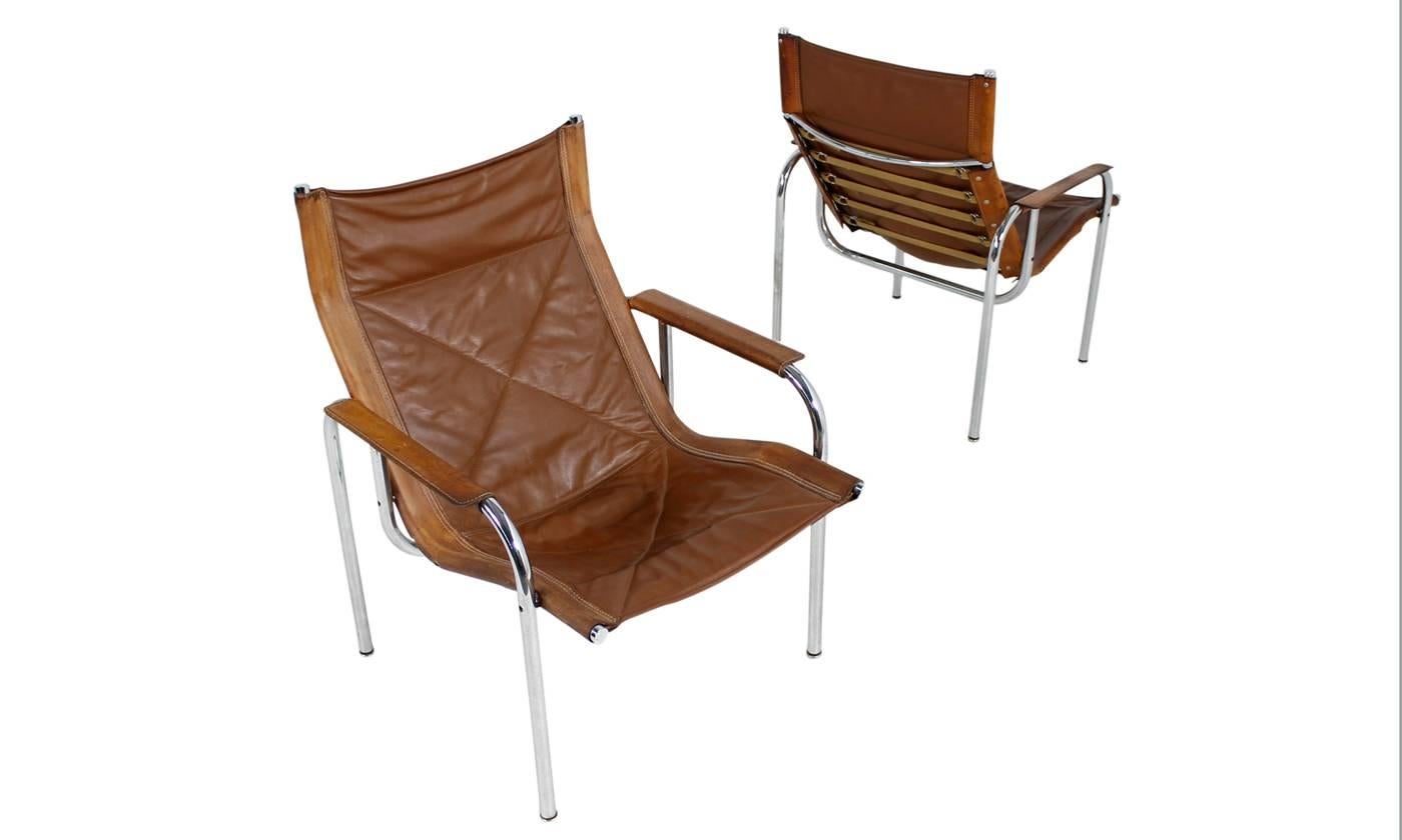 Late 20th Century Pair of 1970s Vintage Hans Eichenberger Cognac Leather and Chrome Lounge Chairs