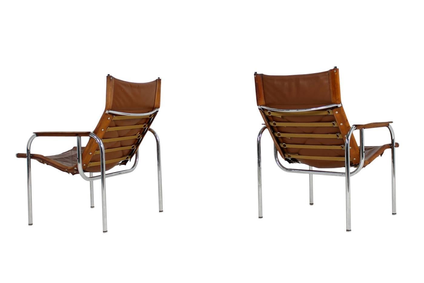 Swiss Pair of 1970s Vintage Hans Eichenberger Cognac Leather and Chrome Lounge Chairs