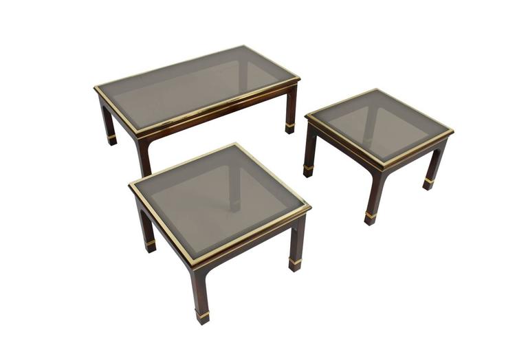 Beautiful Set of Three 1960s Mahogany Coffee and Side Tables Brass and Glass For Sale 1
