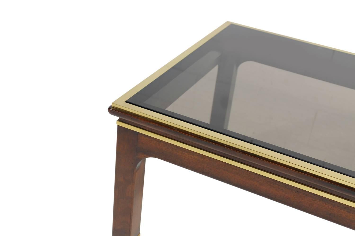 Mid-20th Century Beautiful Set of Three 1960s Mahogany Coffee and Side Tables Brass and Glass For Sale