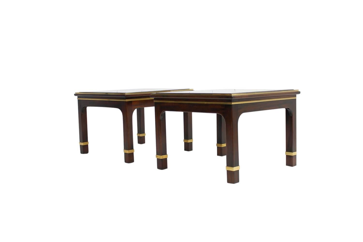 French Beautiful Set of Three 1960s Mahogany Coffee and Side Tables Brass and Glass For Sale