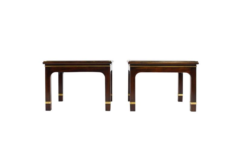 Beautiful Set of Three 1960s Mahogany Coffee and Side Tables Brass and Glass For Sale 2