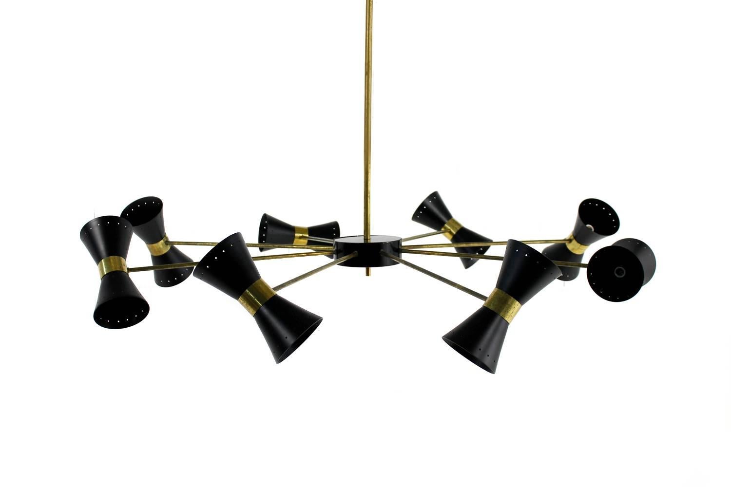 Large Eight-Arm Italian Modernist Brass Diabolo Chandelier Stilnovo Style, Italy In Excellent Condition In Hamminkeln, DE