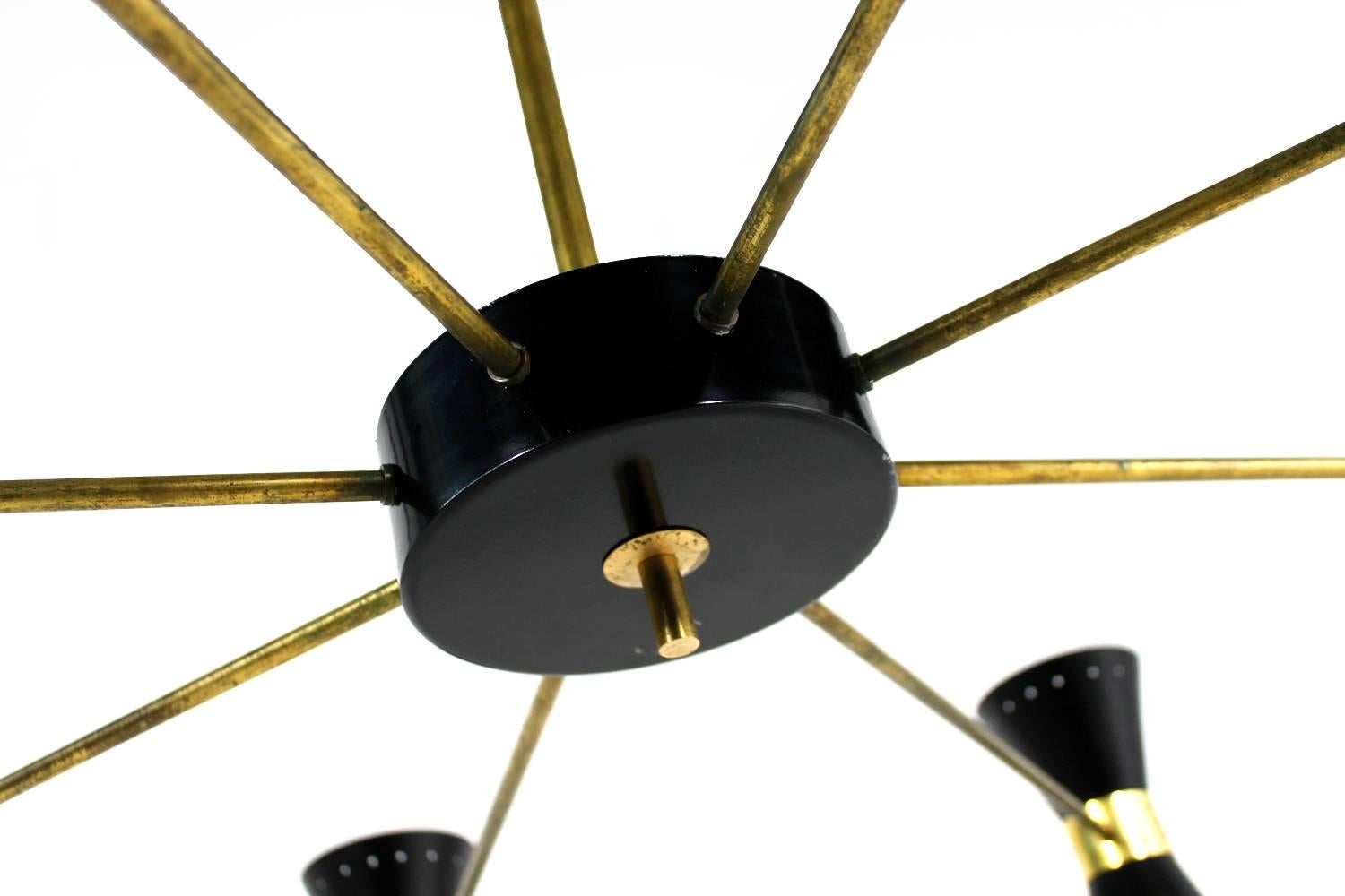 Mid-Century Modern Large Eight-Arm Italian Modernist Brass Diabolo Chandelier Stilnovo Style, Italy