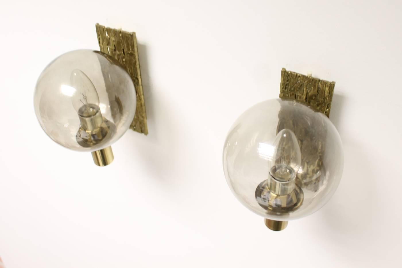 Swedish Pair of Brass and Smoked Glass Brutalist Sconces in Gold, Sweden 1960s For Sale