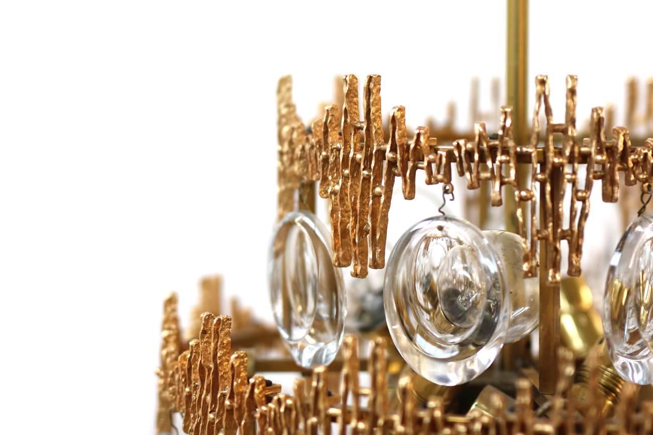Impressive Gilt Brass & Crystal Glass Fixture by Palwa 1960s Pendant Chandelier In Good Condition In Hamminkeln, DE