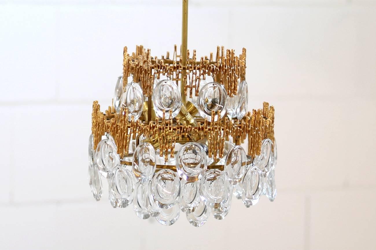 Mid-20th Century Impressive Gilt Brass & Crystal Glass Fixture by Palwa 1960s Pendant Chandelier