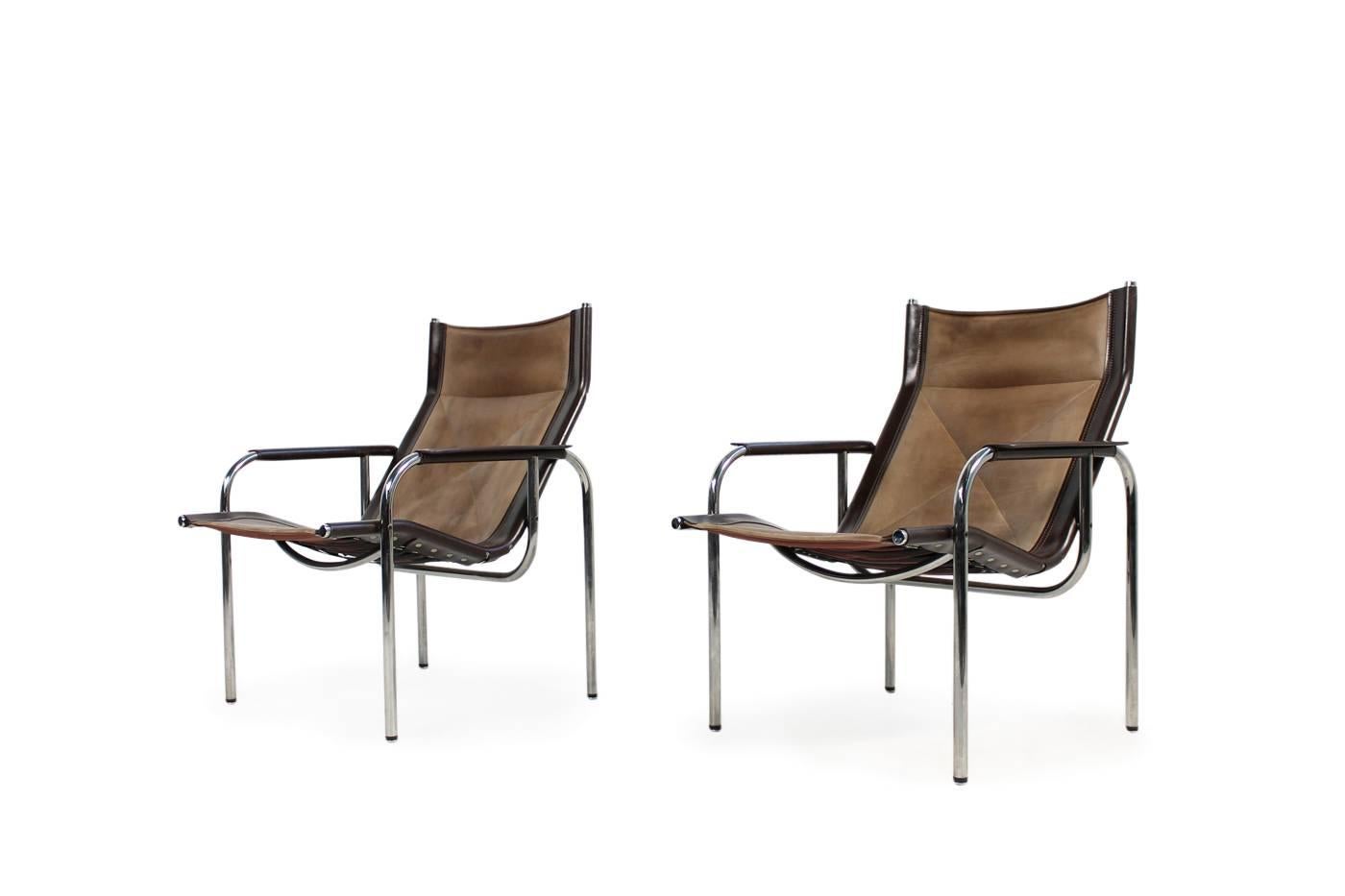 Pair of 1970s Vintage Hans Eichenberger Coffee Leather & Chrome Lounge Chairs (Moderne der Mitte des Jahrhunderts)