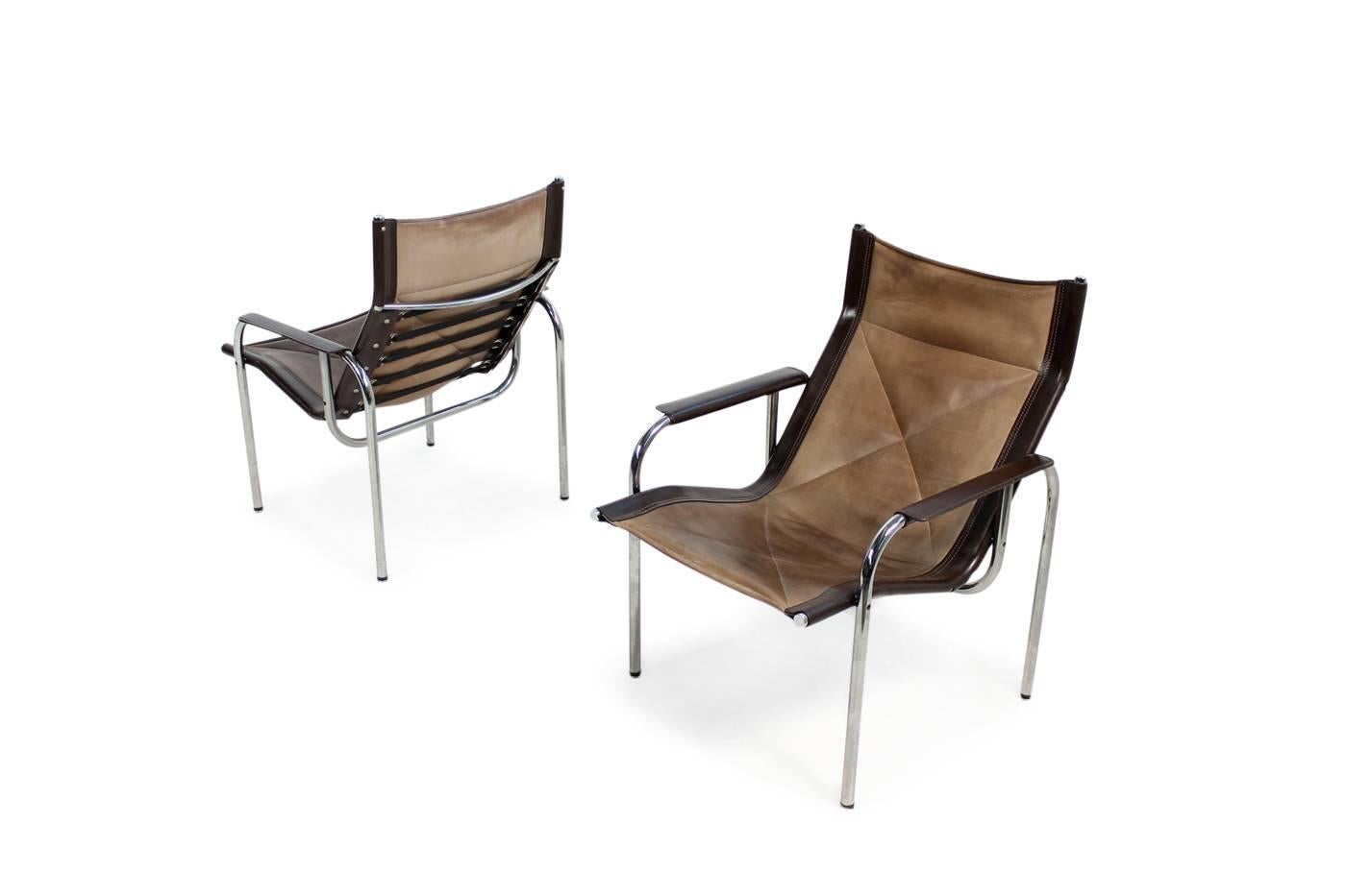 Pair of 1970s Vintage Hans Eichenberger Coffee Leather & Chrome Lounge Chairs im Zustand „Gut“ in Hamminkeln, DE
