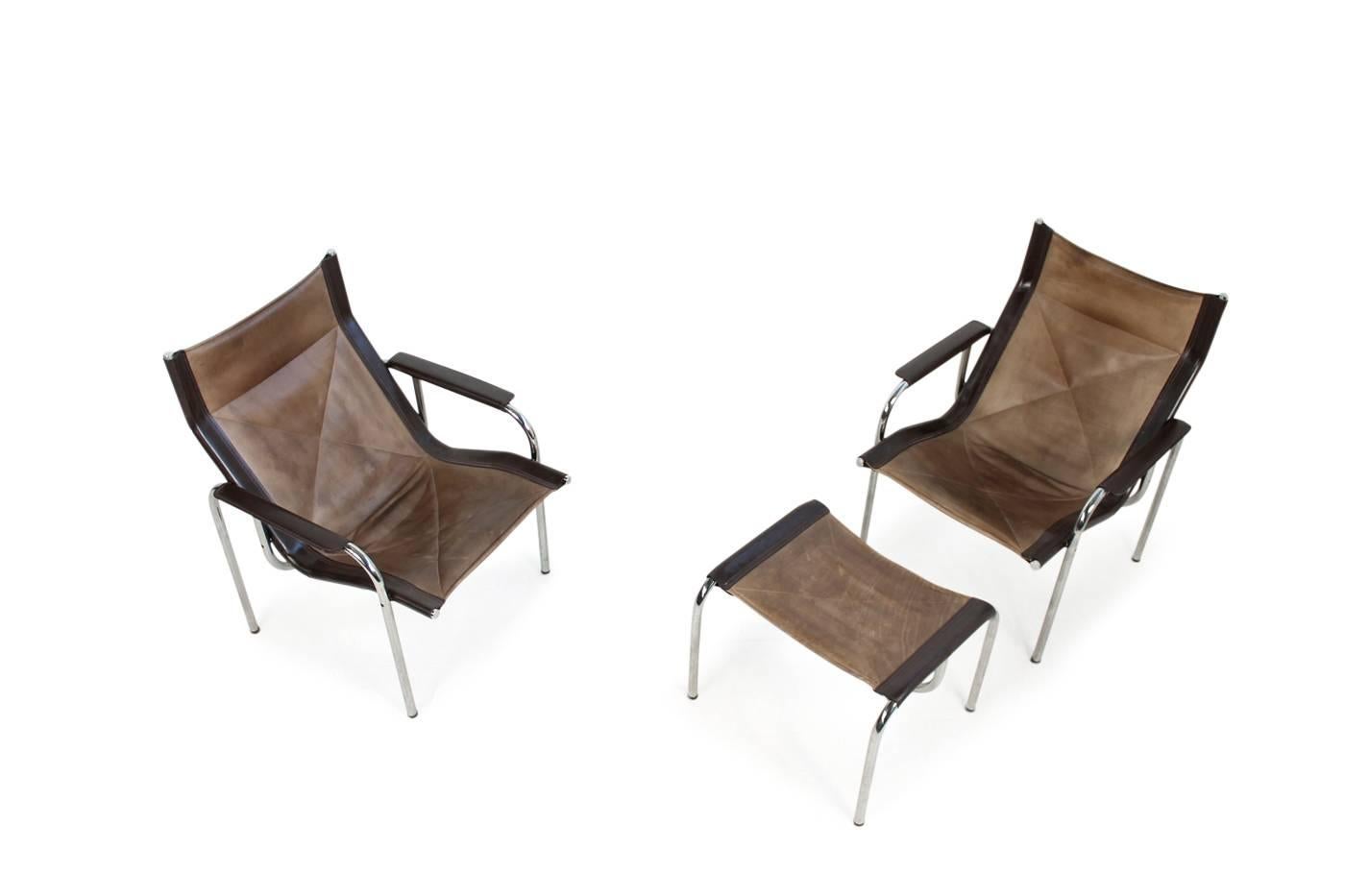 Pair of 1970s Vintage Hans Eichenberger Coffee Leather & Chrome Lounge Chairs 3