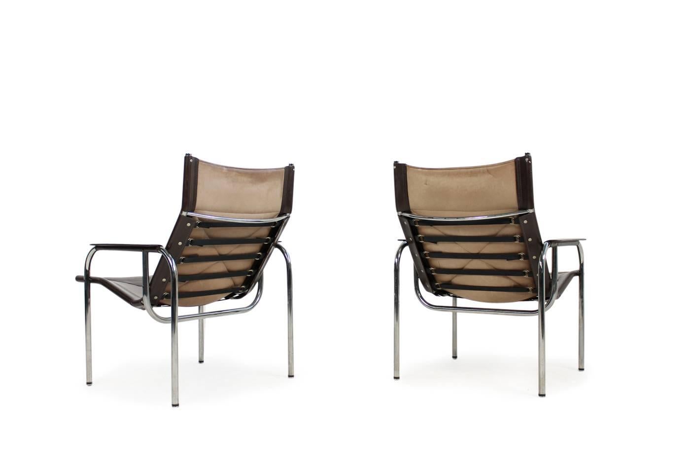 Pair of 1970s Vintage Hans Eichenberger Coffee Leather & Chrome Lounge Chairs (Ende des 20. Jahrhunderts)