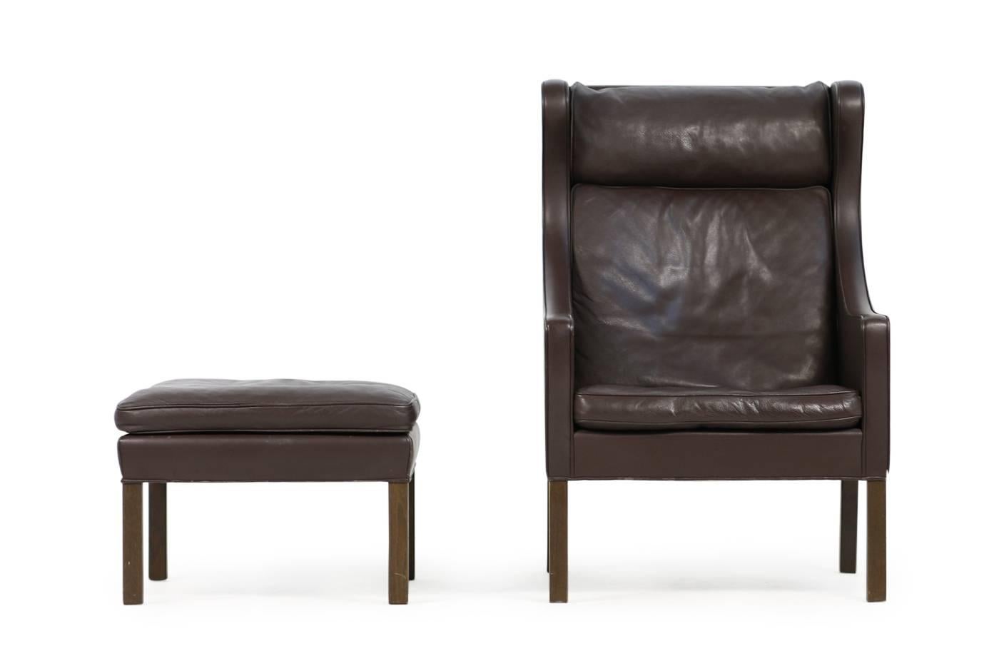Danish Brown 1960s Borge Mogensen Leather Wingback Lounge Chair & Ottoman 2202 & 2204