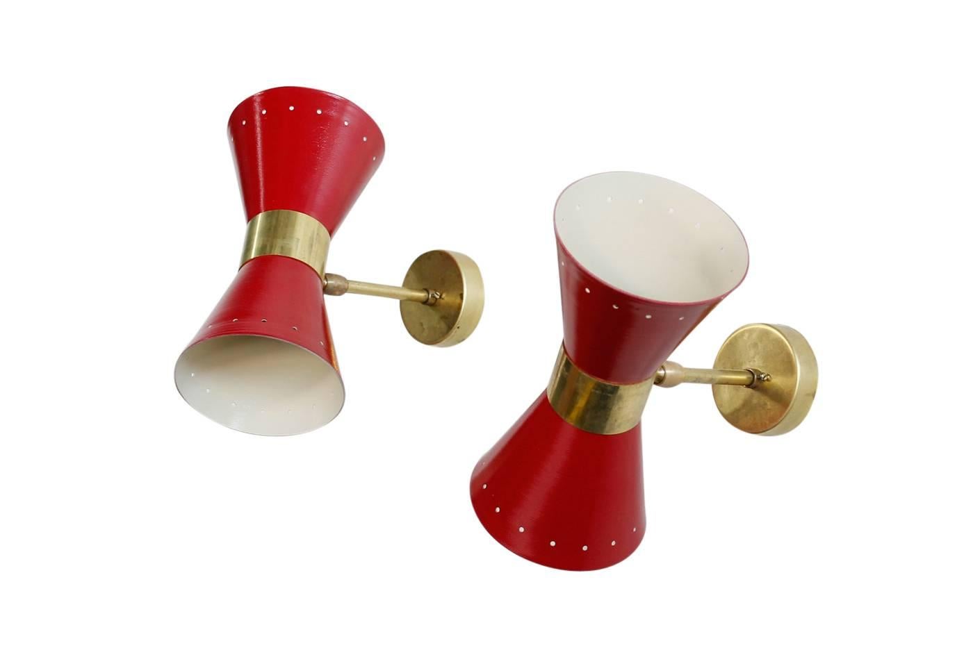 Modern Beautiful Adjustable Pair of Red Italian Diabolo Brass Sconces in Stilnovo Style