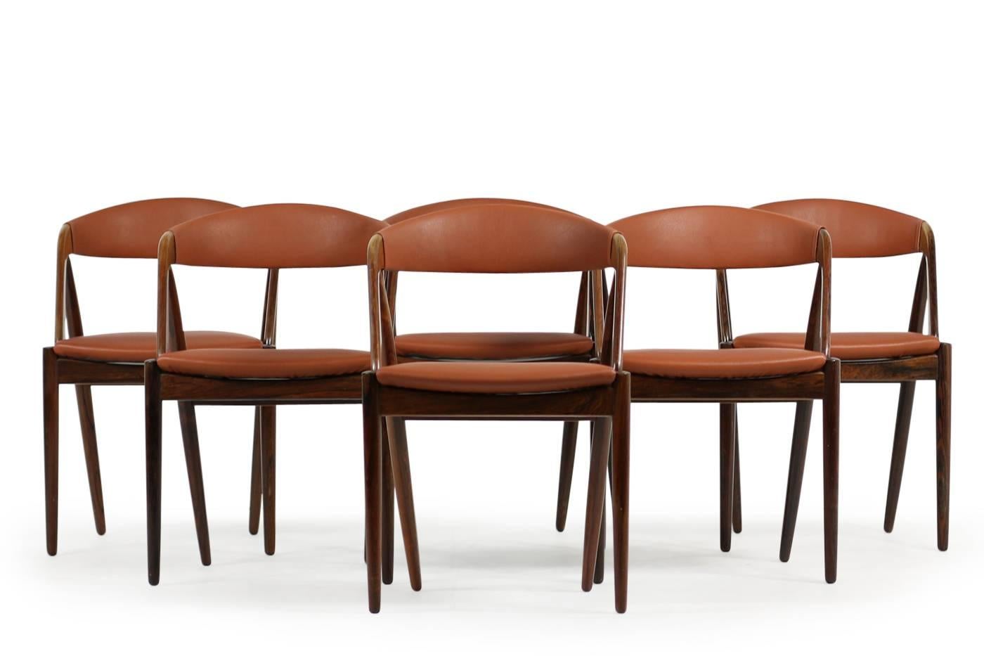 Danish Set of Six 1960s Kai Kristiansen Model 31 Rosewood Dining Chairs Cognac Leather