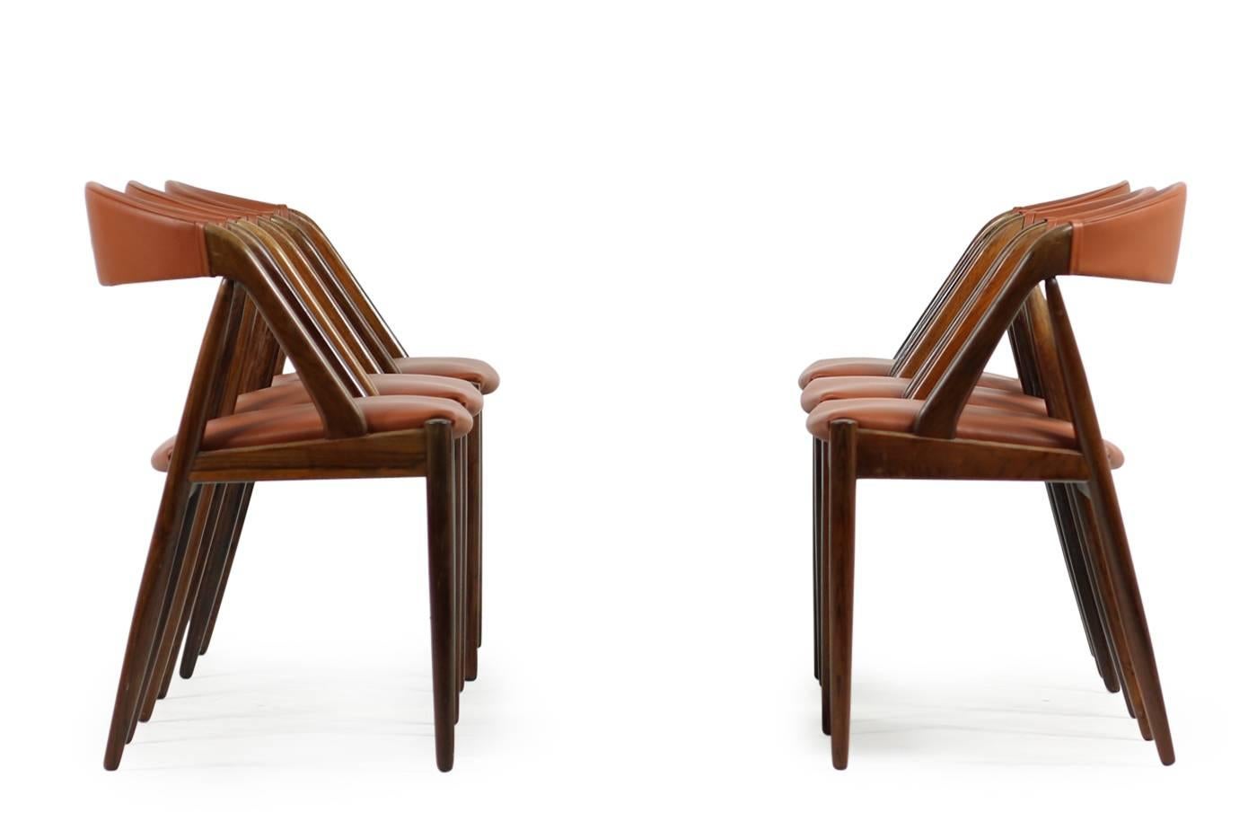 Mid-20th Century Set of Six 1960s Kai Kristiansen Model 31 Rosewood Dining Chairs Cognac Leather