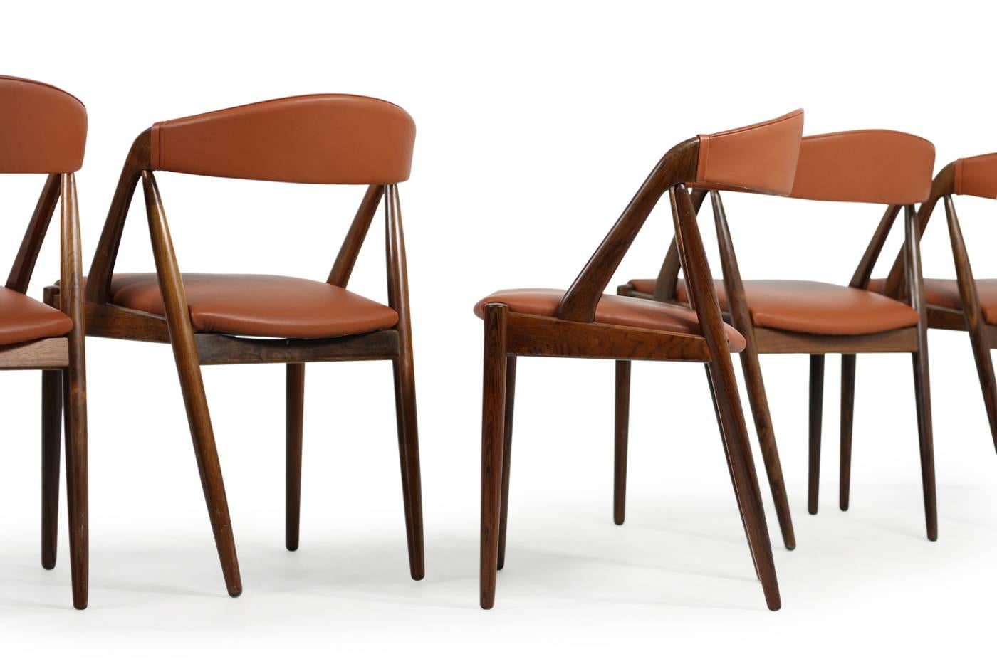 Set of Six 1960s Kai Kristiansen Model 31 Rosewood Dining Chairs Cognac Leather In Excellent Condition In Hamminkeln, DE