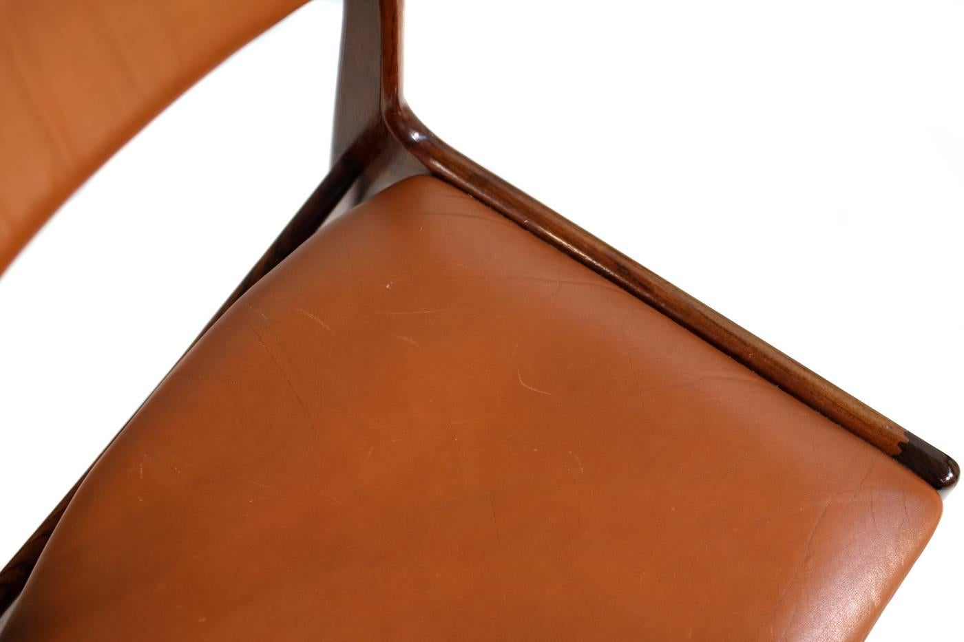 Mid-Century Modern Set of Six Johannes Andersen Rosewood Dining Chairs Cognac Leather Uldum DK
