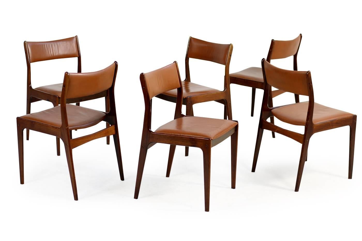 Danish Set of Six Johannes Andersen Rosewood Dining Chairs Cognac Leather Uldum DK