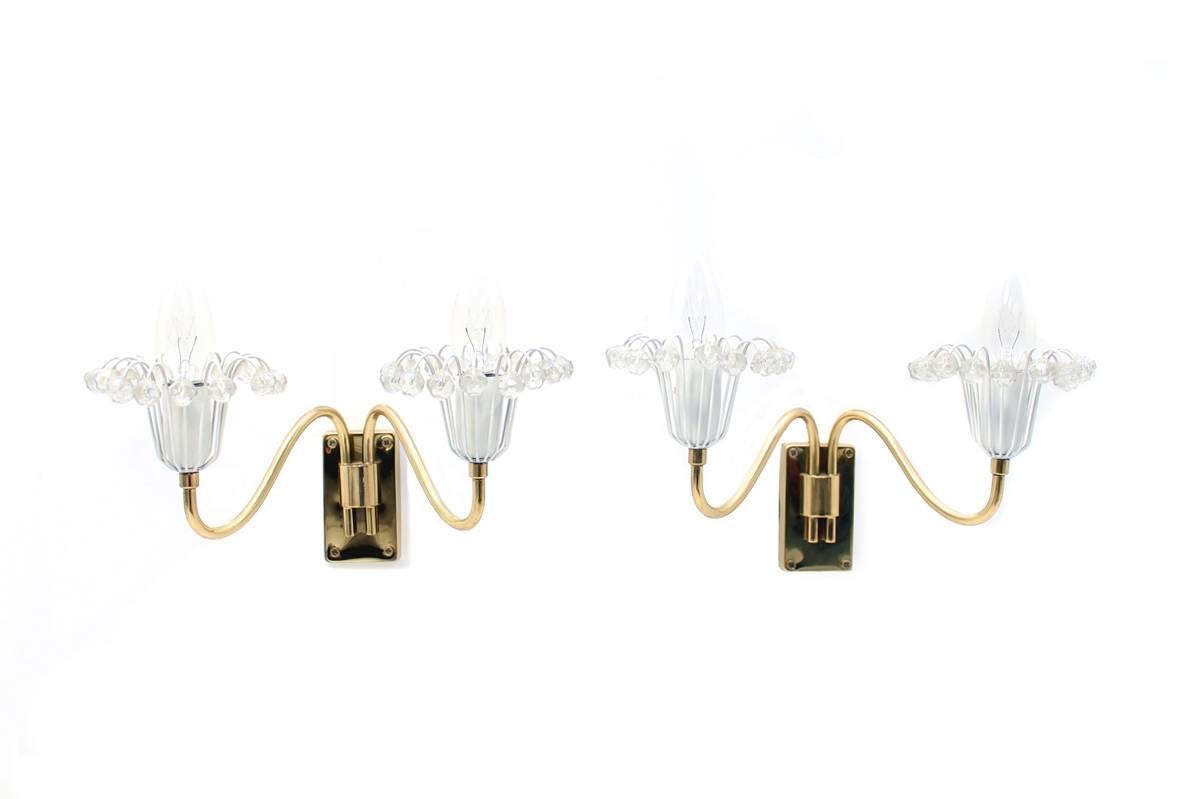Pair of 1960s Austrian Emil Stejnar Wall Lights Crystal Glass and Brass Sconces For Sale 2