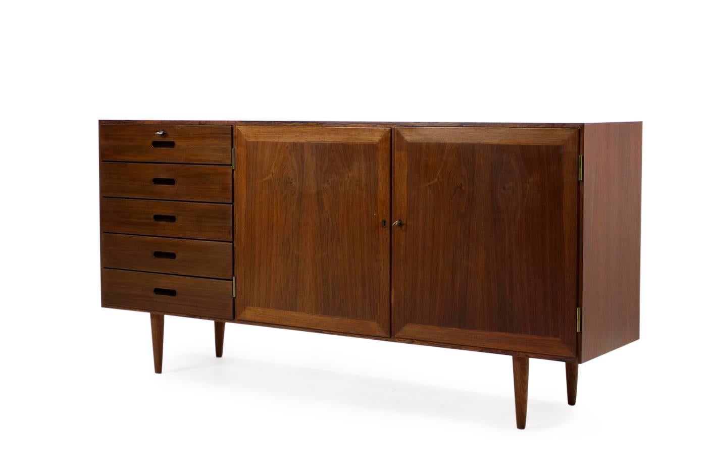 Danish Exclusive 1960s Kai Winding Rosewood Sideboard with Drawers Poul Jeppesen Brass For Sale