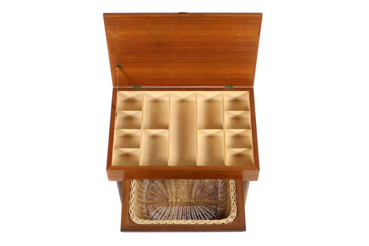 Mid-Century Modern 1950s Danish Modern Sewing Teak Table Cabinet Wicker with Basket Mid-Century