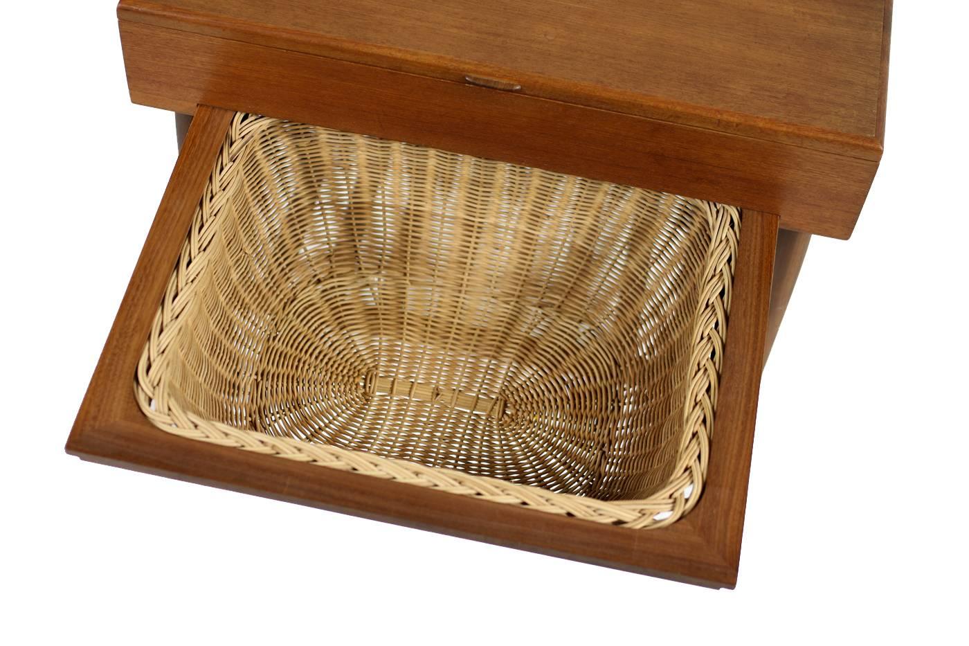 1950s Danish Modern Sewing Teak Table Cabinet Wicker with Basket Mid-Century In Excellent Condition In Hamminkeln, DE