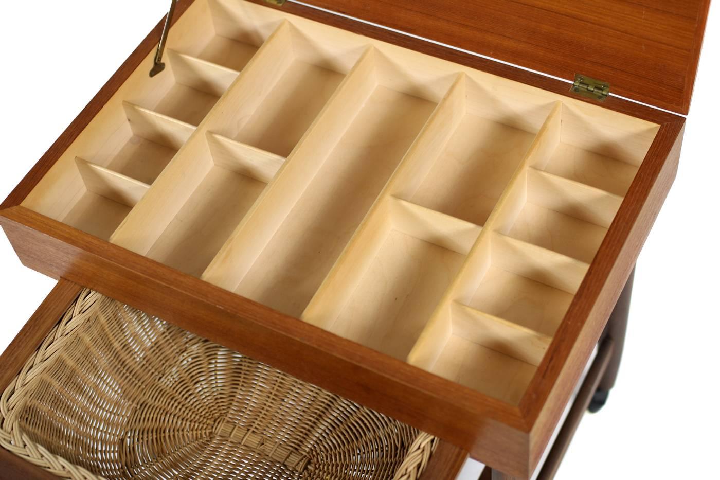 Metal 1950s Danish Modern Sewing Teak Table Cabinet Wicker with Basket Mid-Century