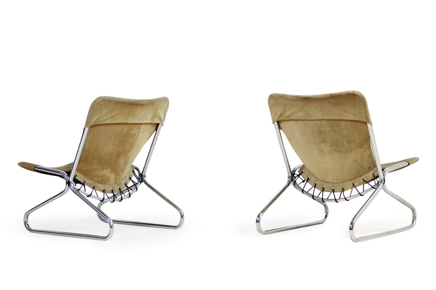 Swedish Pair of 1960s Suede Leather and Chrome Easy Lounge Chairs Danish Modern