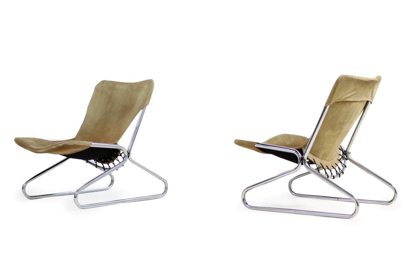 Pair of 1960s Suede Leather and Chrome Easy Lounge Chairs Danish Modern In Good Condition In Hamminkeln, DE