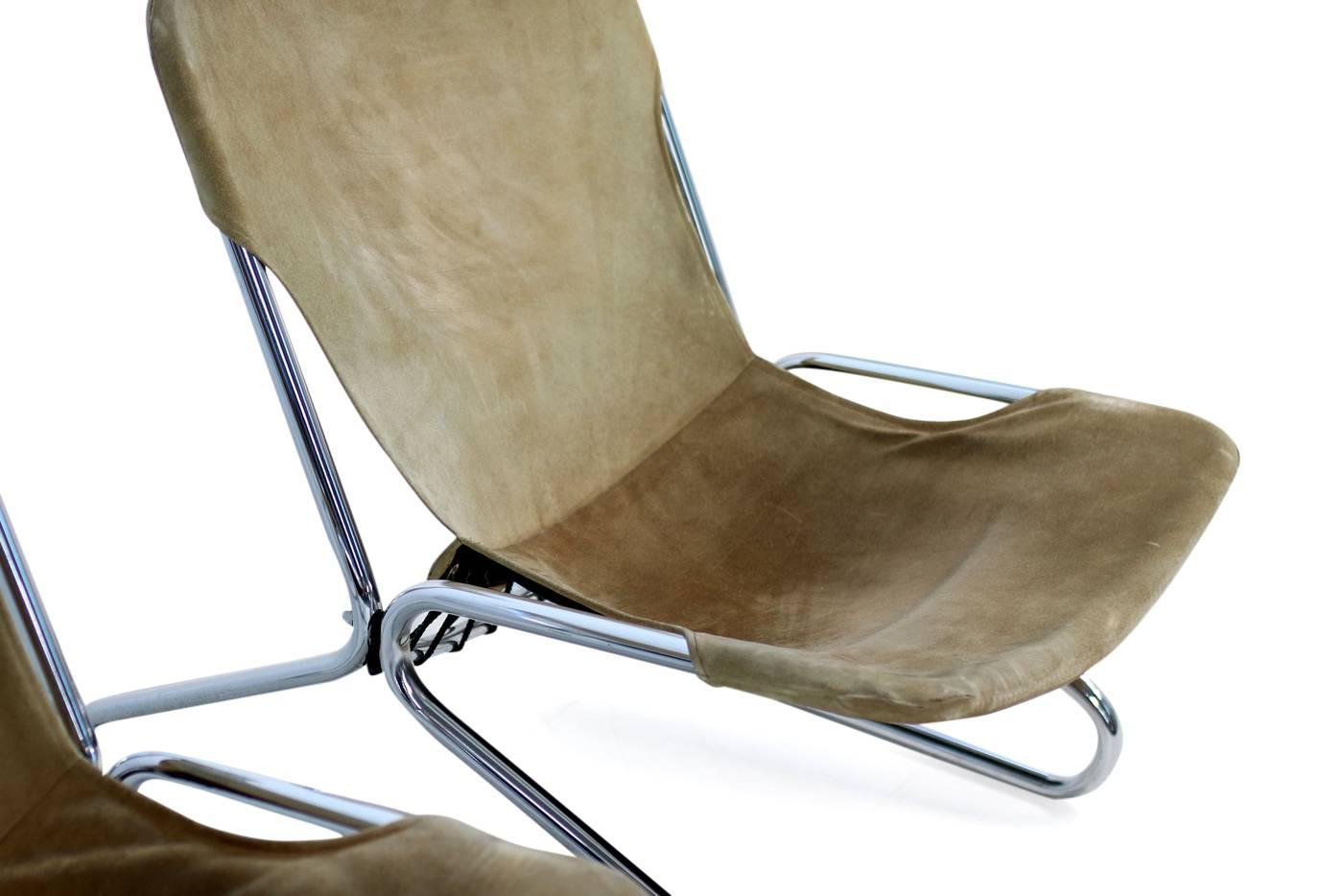 Pair of 1960s Suede Leather and Chrome Easy Lounge Chairs Danish Modern 2